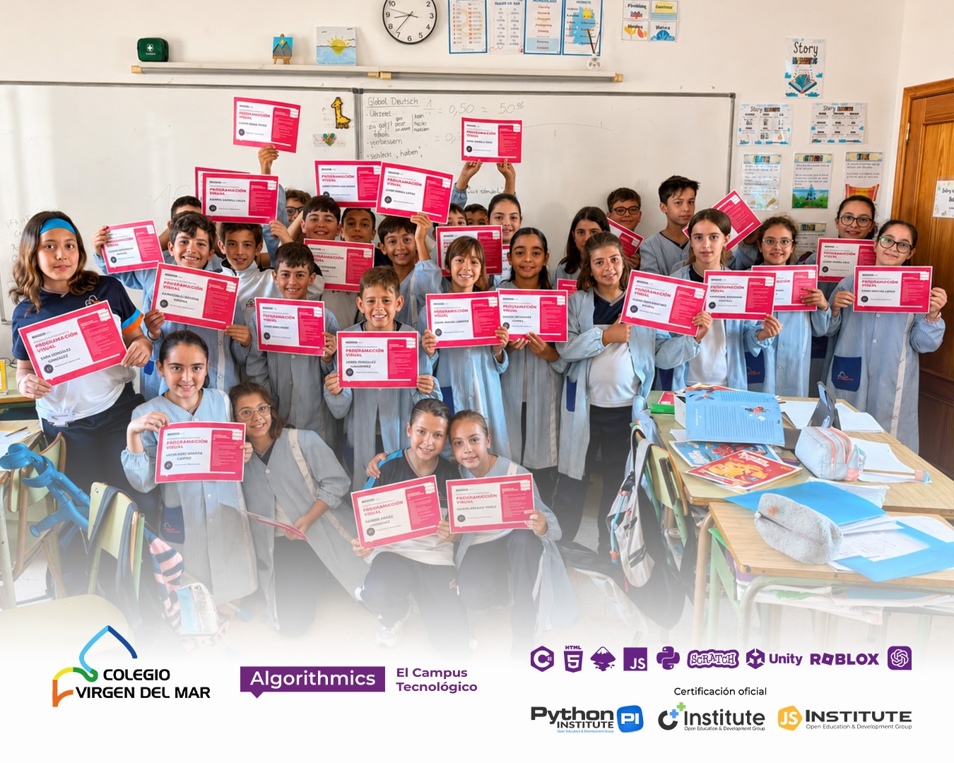 Alumnos de Primaria del Colegio Virgen del Mar recibiendo sus certificaciones de Programación Visual con Scratch