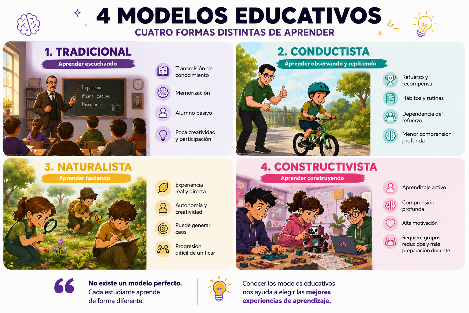 Infografía sobre los cuatro modelos educativos: tradicional, conductista, naturalista y constructivista