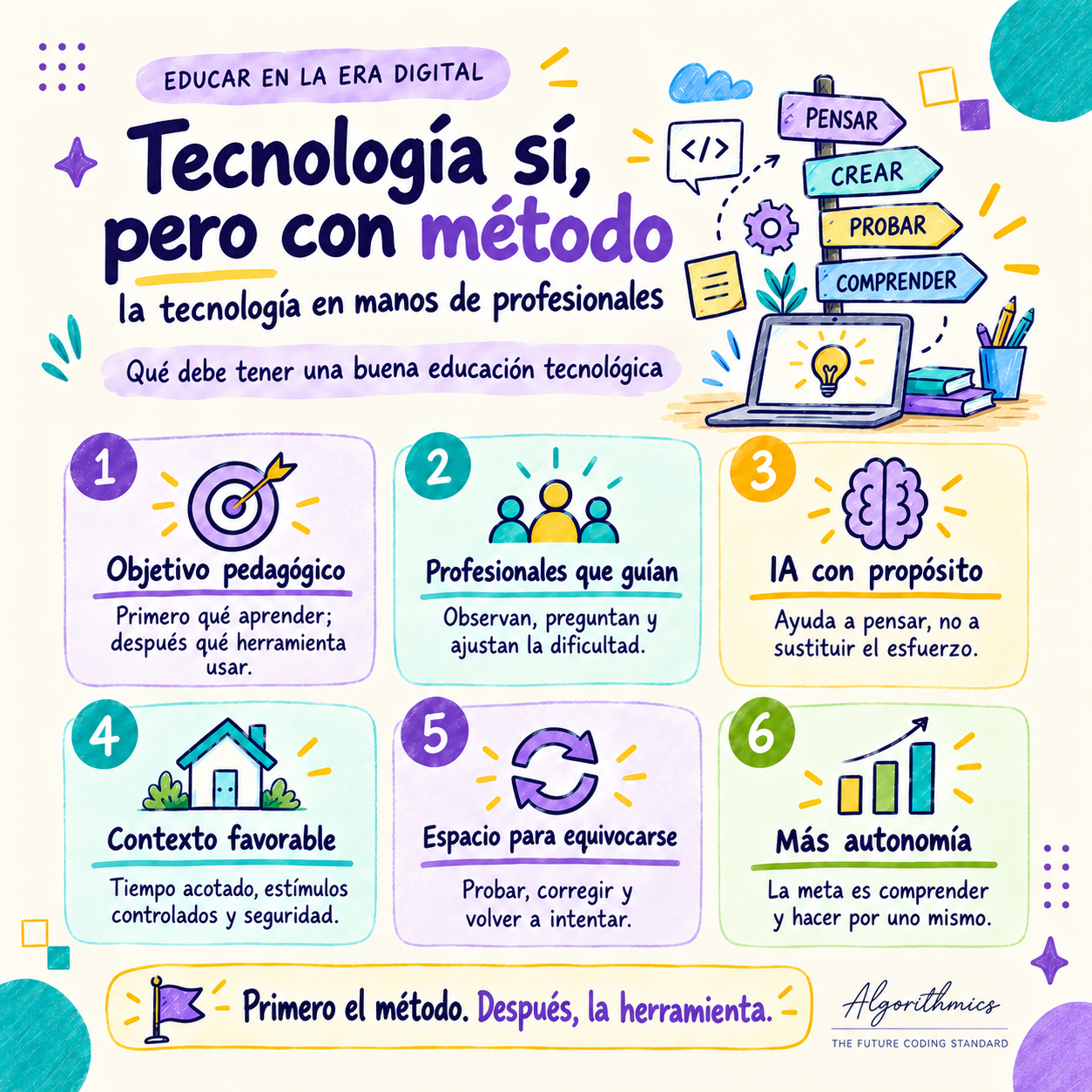 Infografía con seis principios para una educación tecnológica basada en método, profesionales y uso pedagógico de la IA
